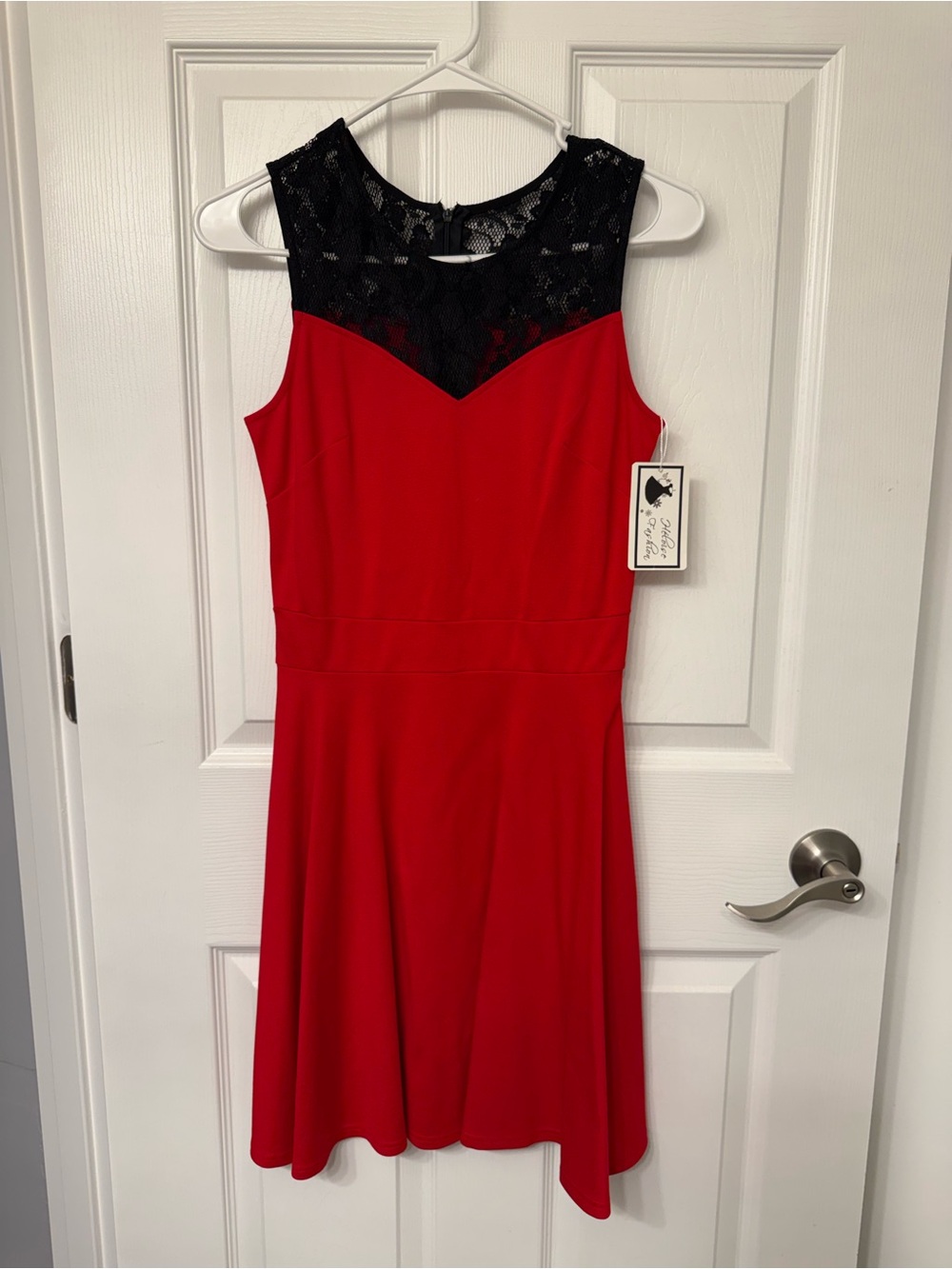 Heloise Fashion Red Sleeveless Fit & Flare Dress with Black Lace Neckline XS